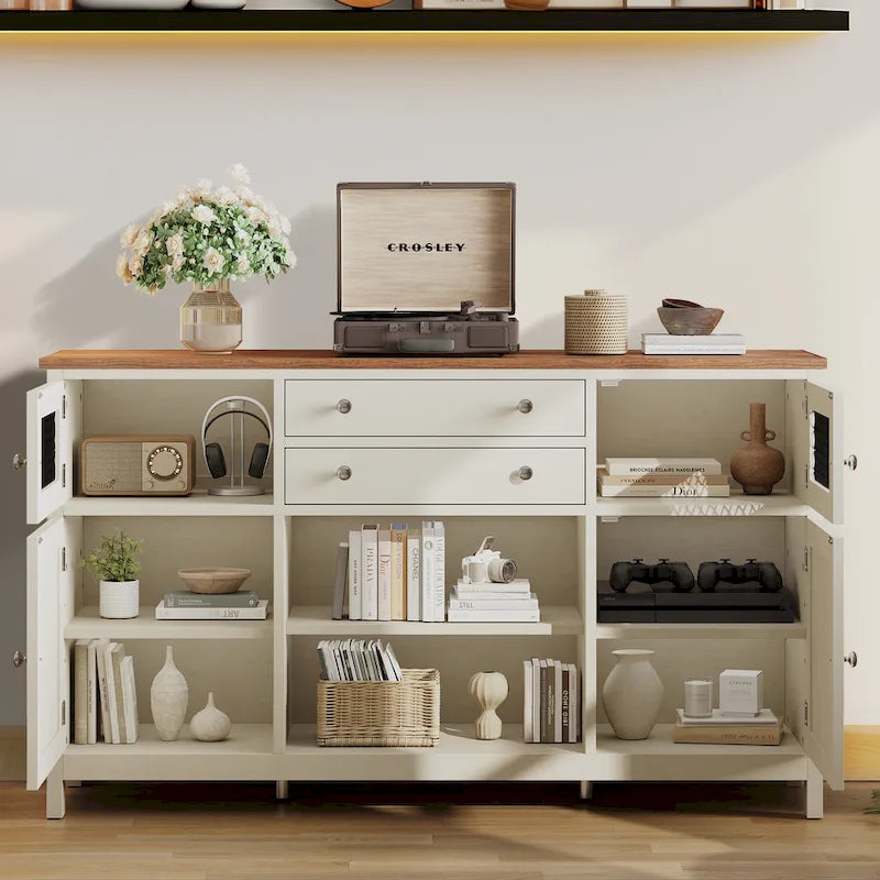 Buffet de ferme avec rangement, bahut 2 tiroirs pour cuisine et salle à manger