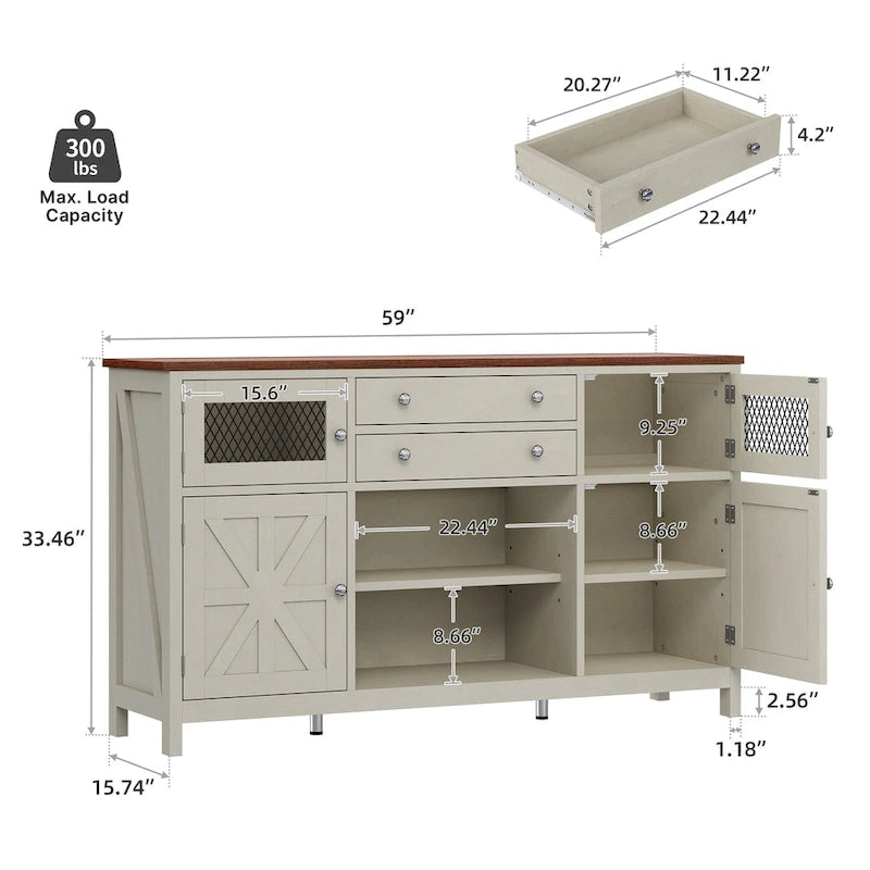 Buffet de ferme avec rangement, bahut 2 tiroirs pour cuisine et salle à manger
