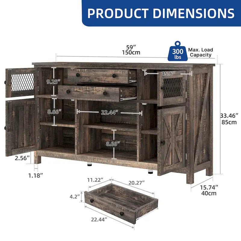 Buffet de ferme avec rangement, bahut 2 tiroirs pour cuisine et salle à manger