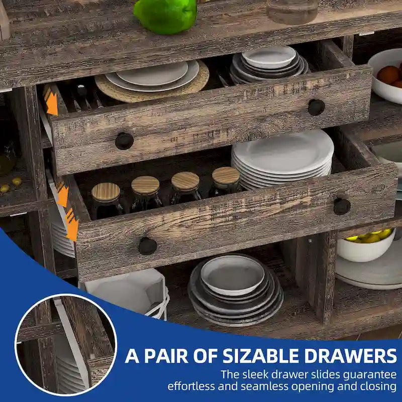 Buffet de ferme avec rangement, bahut 2 tiroirs pour cuisine et salle à manger