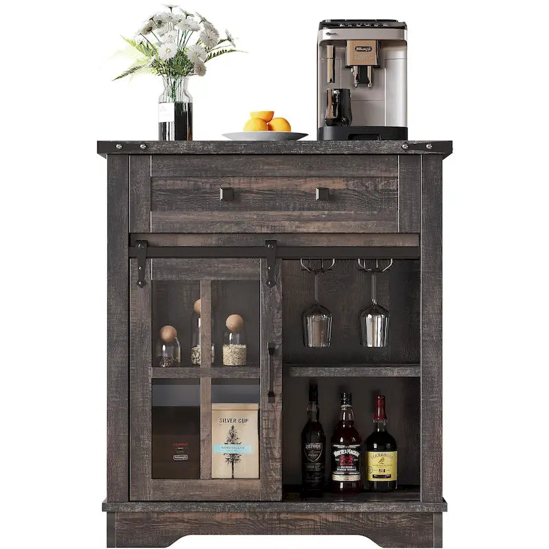 Meuble de bar à café de style ferme avec porte coulissante de grange et support à verres à vin