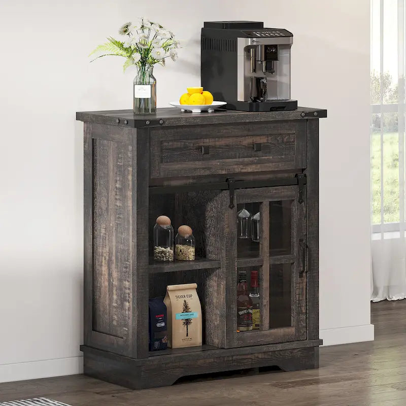 Meuble de bar à café de style ferme avec porte coulissante de grange et support à verres à vin