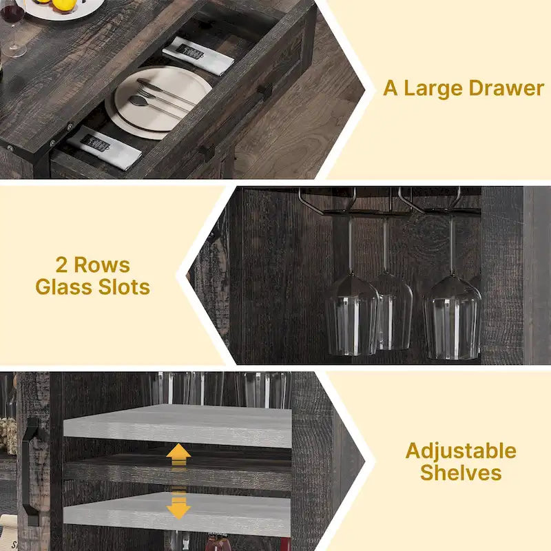 Meuble de bar à café de style ferme avec porte coulissante de grange et support à verres à vin