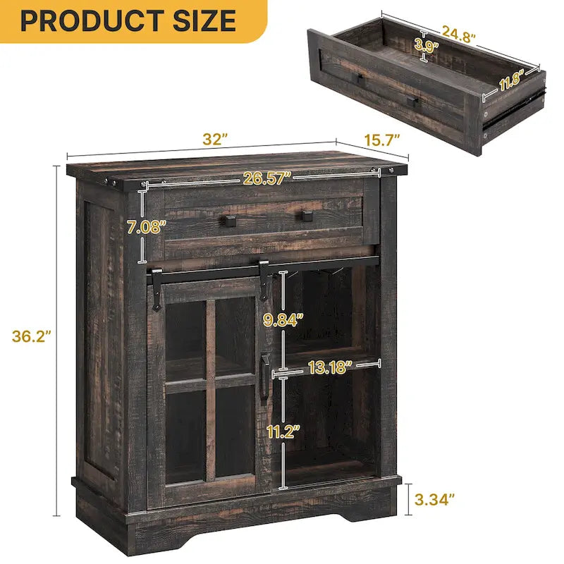 Meuble de bar à café de style ferme avec porte coulissante de grange et support à verres à vin