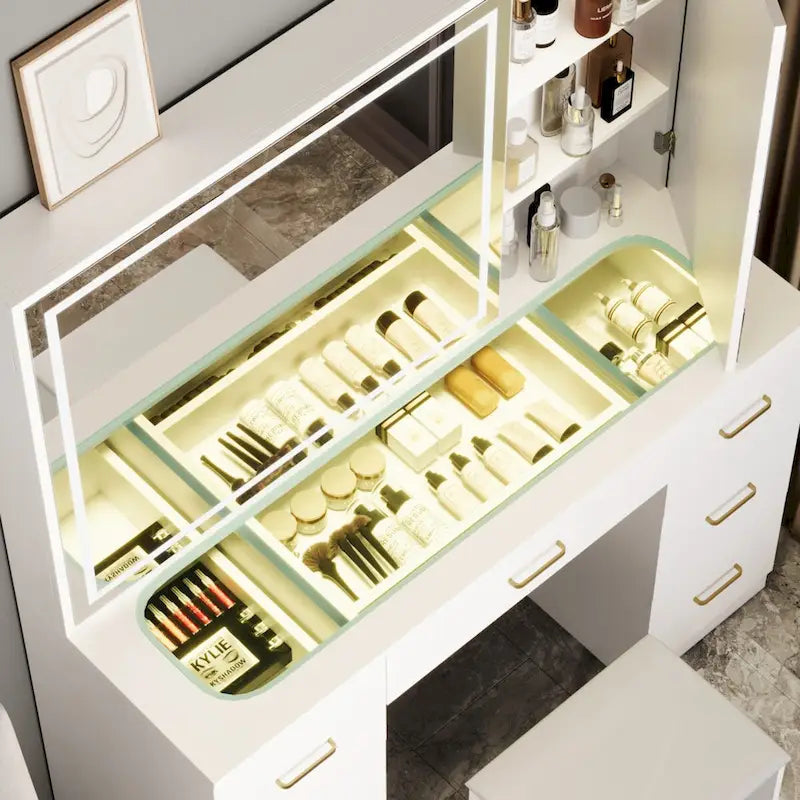Coiffeuse à plateau en verre avec miroir lumineux, grande table de maquillage avec miroir, 7 tiroirs et tabouret rembourré