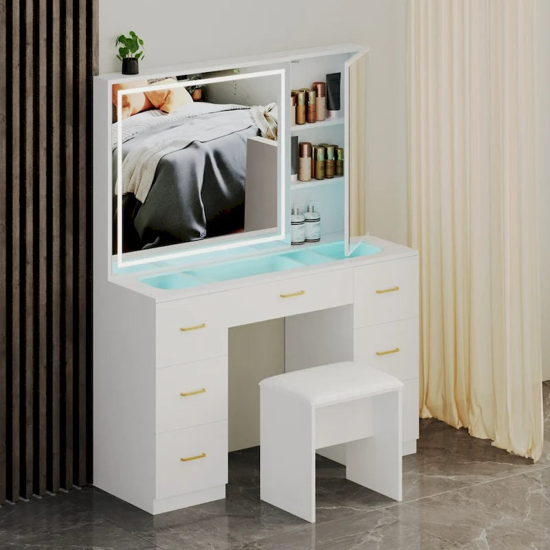 Coiffeuse à plateau en verre avec miroir lumineux, grande table de maquillage avec miroir, 7 tiroirs et tabouret rembourré