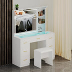Coiffeuse à plateau en verre avec miroir lumineux, grande table de maquillage avec miroir, 7 tiroirs et tabouret rembourré