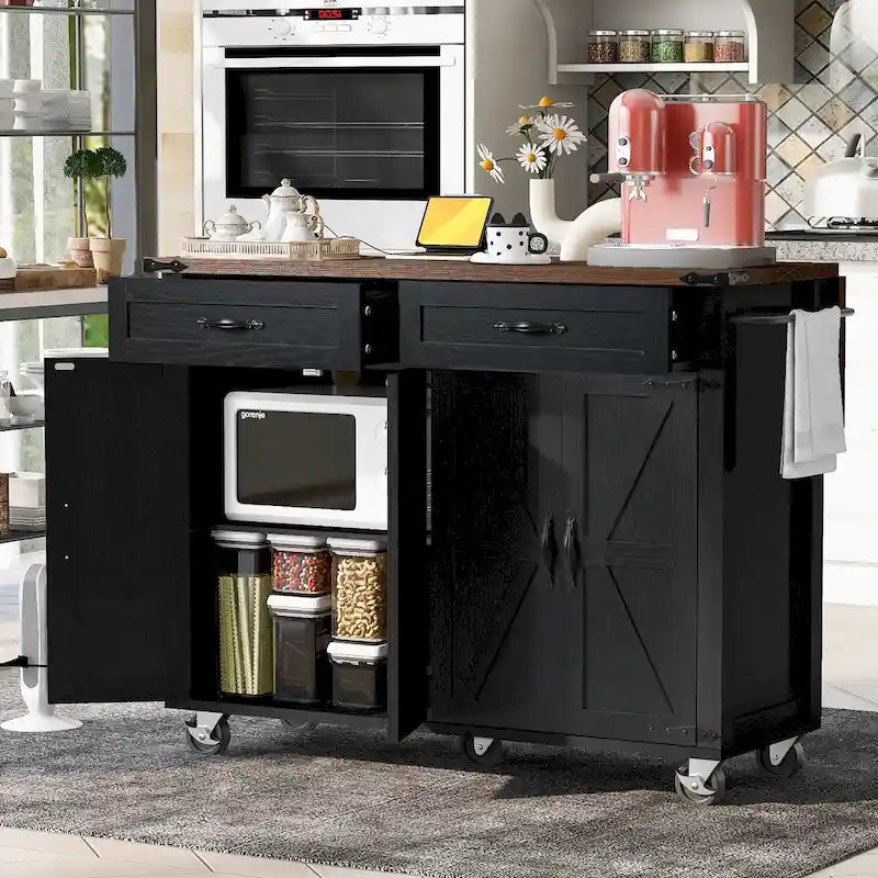 Îlot de cuisine de style campagnard avec prises électriques et panneaux abattants