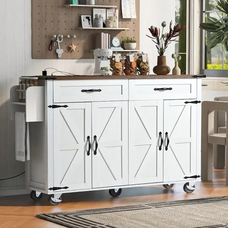 Îlot de cuisine de style campagnard avec prises électriques et panneaux abattants