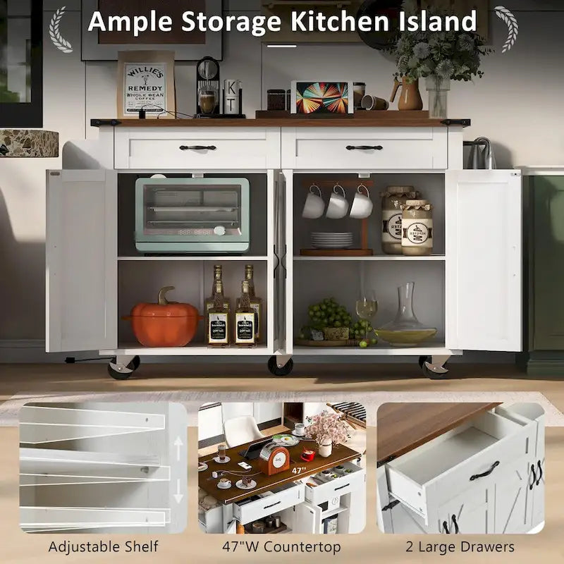 Îlot de cuisine de style campagnard avec prises électriques et panneaux abattants