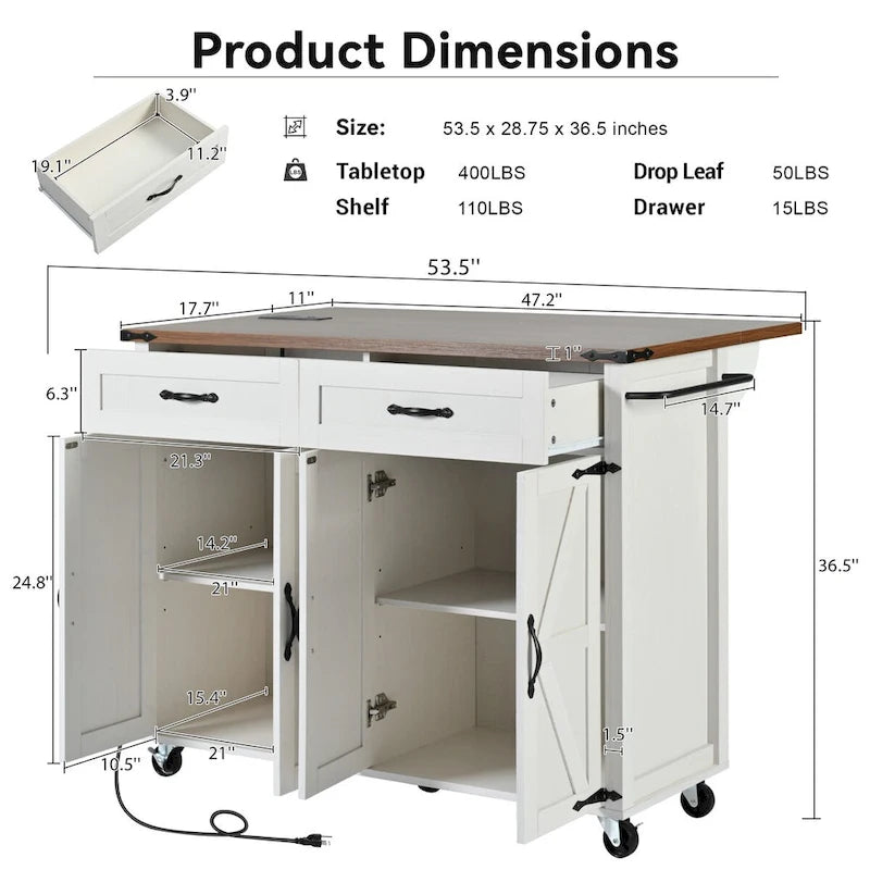 Îlot de cuisine de style campagnard avec prises électriques et panneaux abattants