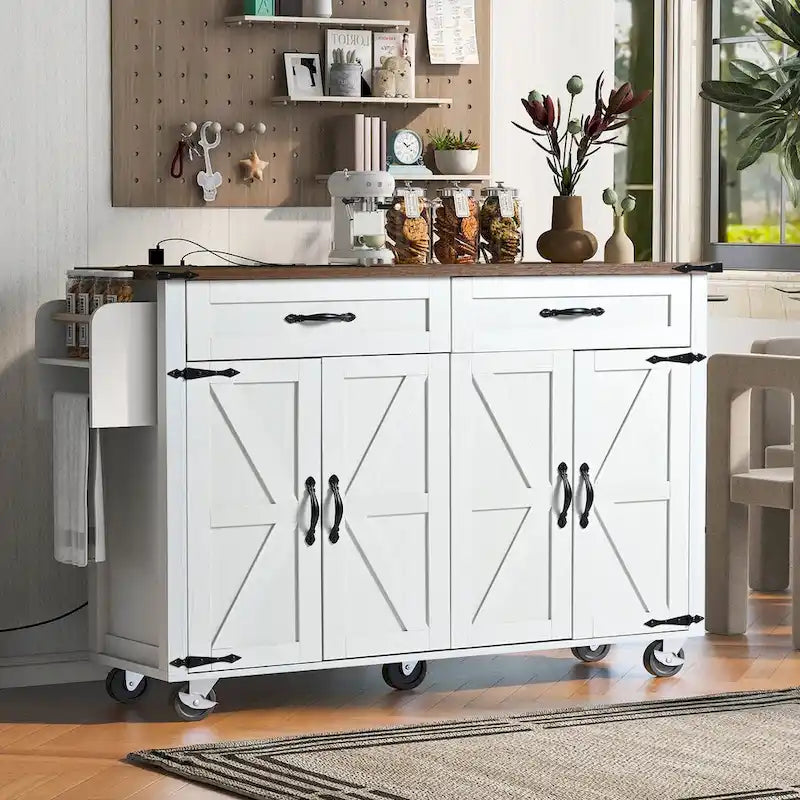 Îlot de cuisine de style campagnard avec prises électriques et panneaux abattants