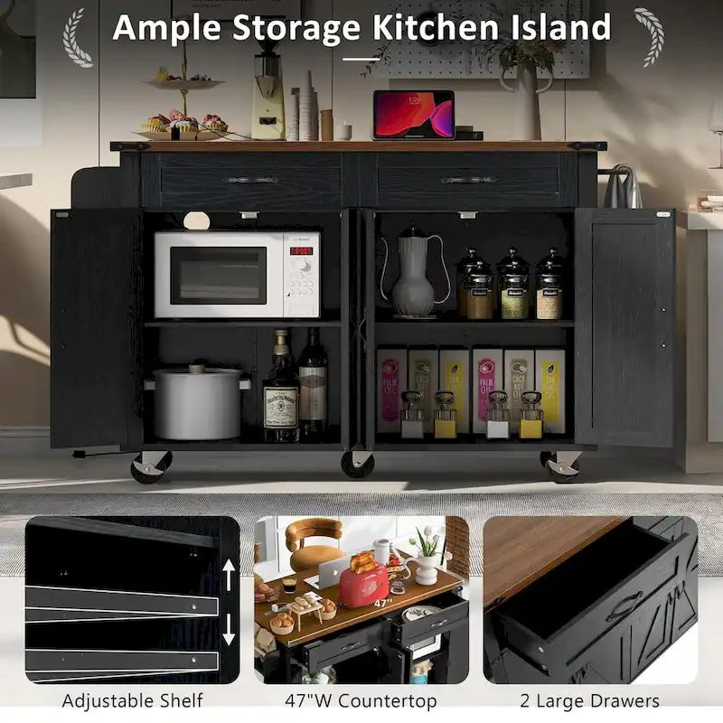 Îlot de cuisine de style campagnard avec prises électriques et panneaux abattants