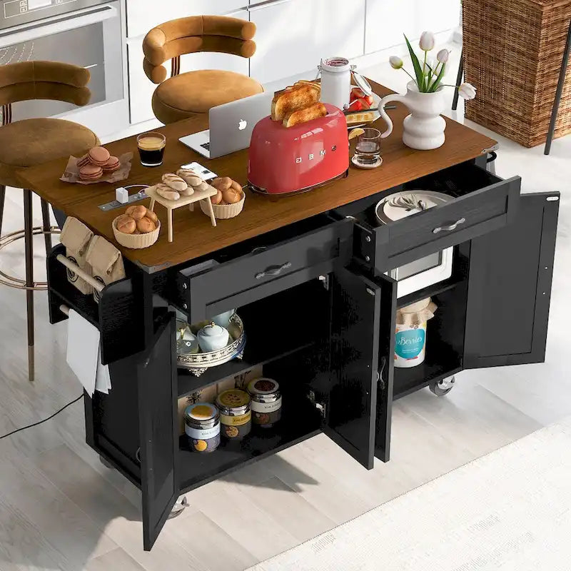 Îlot de cuisine de style campagnard avec prises électriques et panneaux abattants