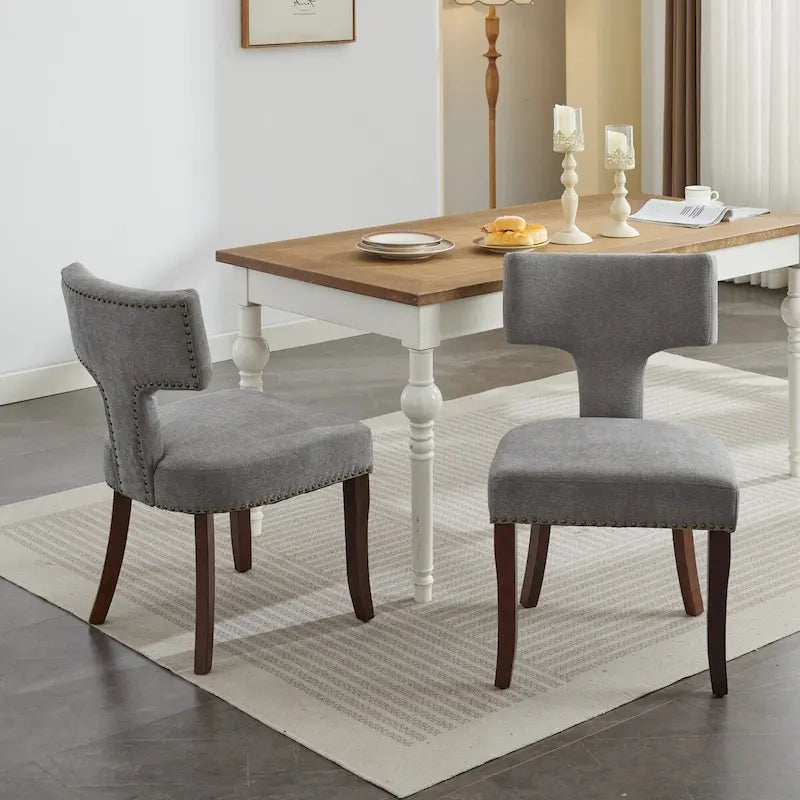 Lot de 2 chaises de salle à manger, chaise rembourrée en tissu de lin avec dossier incurvé et clous en cuivre, chaises avec cadre en bois massif
