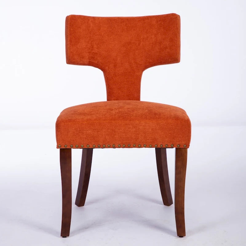 Lot de 2 chaises de salle à manger, chaise rembourrée en tissu de lin avec dossier incurvé et clous en cuivre, chaises avec cadre en bois massif