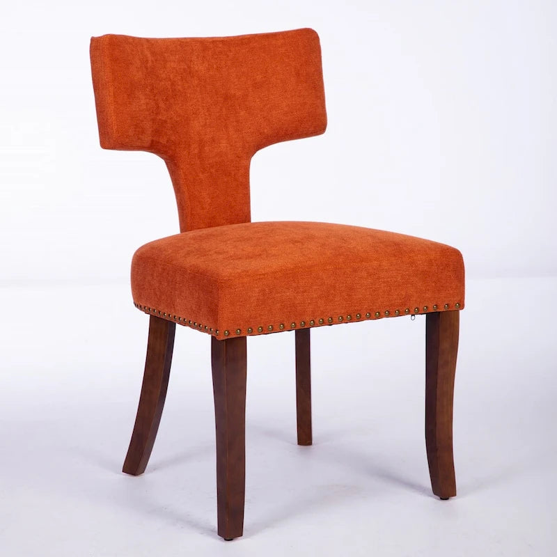 Lot de 2 chaises de salle à manger, chaise rembourrée en tissu de lin avec dossier incurvé et clous en cuivre, chaises avec cadre en bois massif