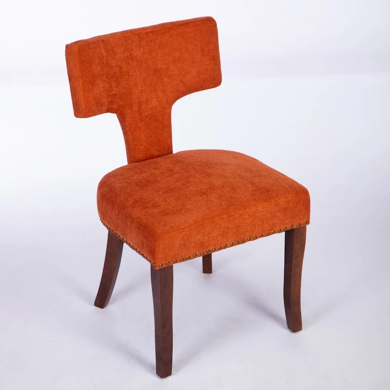 Lot de 2 chaises de salle à manger, chaise rembourrée en tissu de lin avec dossier incurvé et clous en cuivre, chaises avec cadre en bois massif