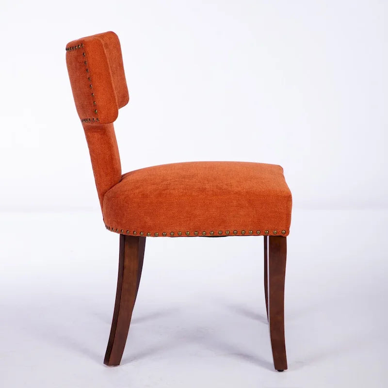 Lot de 2 chaises de salle à manger, chaise rembourrée en tissu de lin avec dossier incurvé et clous en cuivre, chaises avec cadre en bois massif
