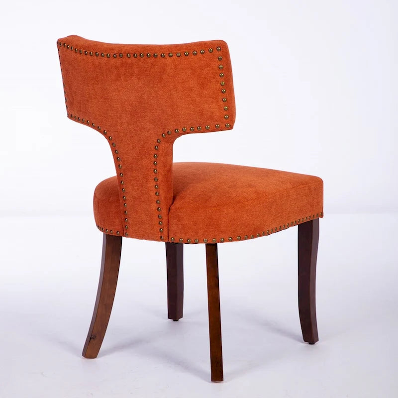 Lot de 2 chaises de salle à manger, chaise rembourrée en tissu de lin avec dossier incurvé et clous en cuivre, chaises avec cadre en bois massif