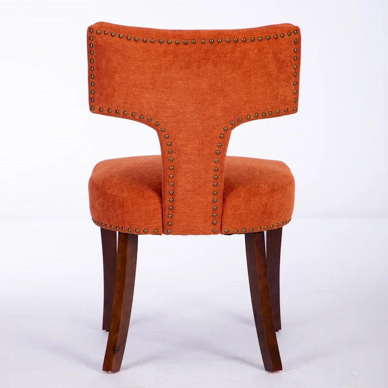 Lot de 2 chaises de salle à manger, chaise rembourrée en tissu de lin avec dossier incurvé et clous en cuivre, chaises avec cadre en bois massif