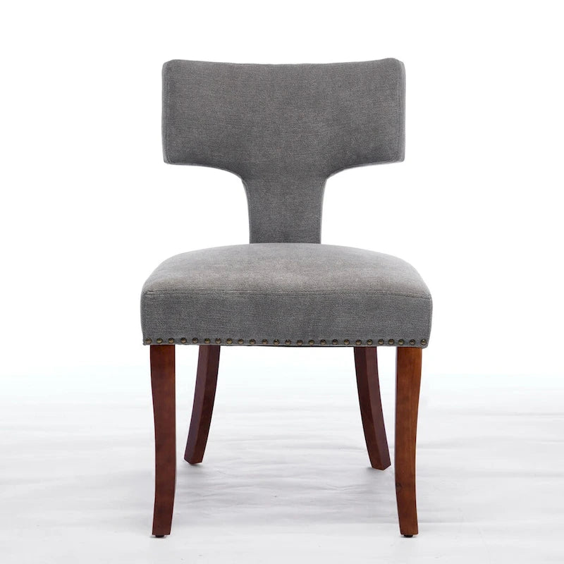 Lot de 2 chaises de salle à manger, chaise rembourrée en tissu de lin avec dossier incurvé et clous en cuivre, chaises avec cadre en bois massif