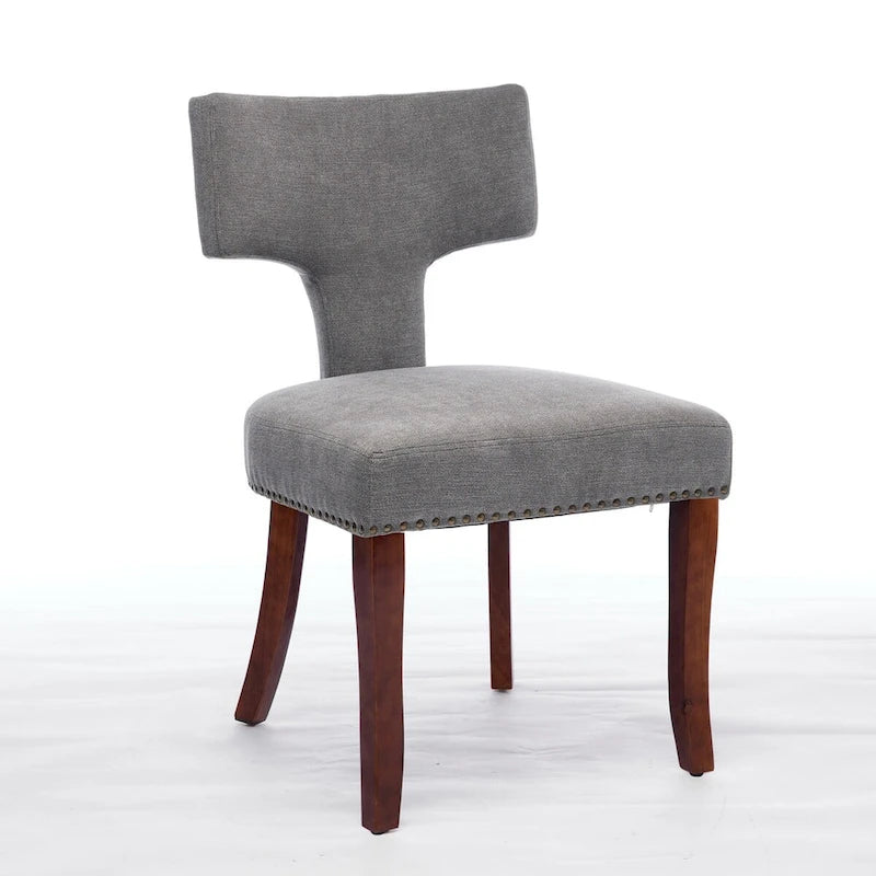 Lot de 2 chaises de salle à manger, chaise rembourrée en tissu de lin avec dossier incurvé et clous en cuivre, chaises avec cadre en bois massif