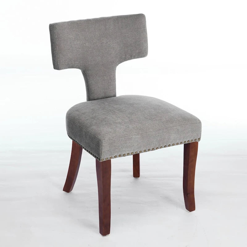 Lot de 2 chaises de salle à manger, chaise rembourrée en tissu de lin avec dossier incurvé et clous en cuivre, chaises avec cadre en bois massif