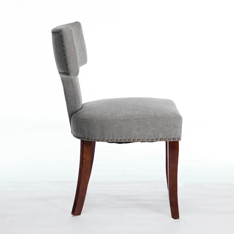 Lot de 2 chaises de salle à manger, chaise rembourrée en tissu de lin avec dossier incurvé et clous en cuivre, chaises avec cadre en bois massif