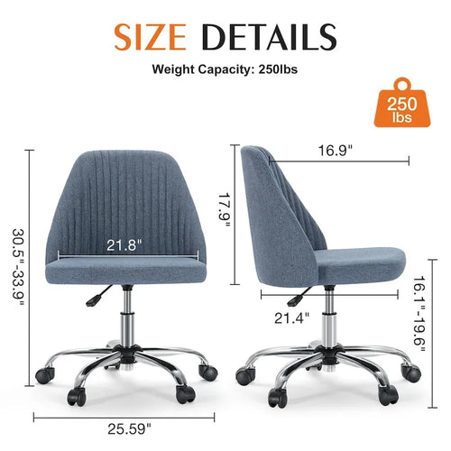 Chaise de bureau sans accoudoirs avec roulettes réglables pivotantes pour petits espaces