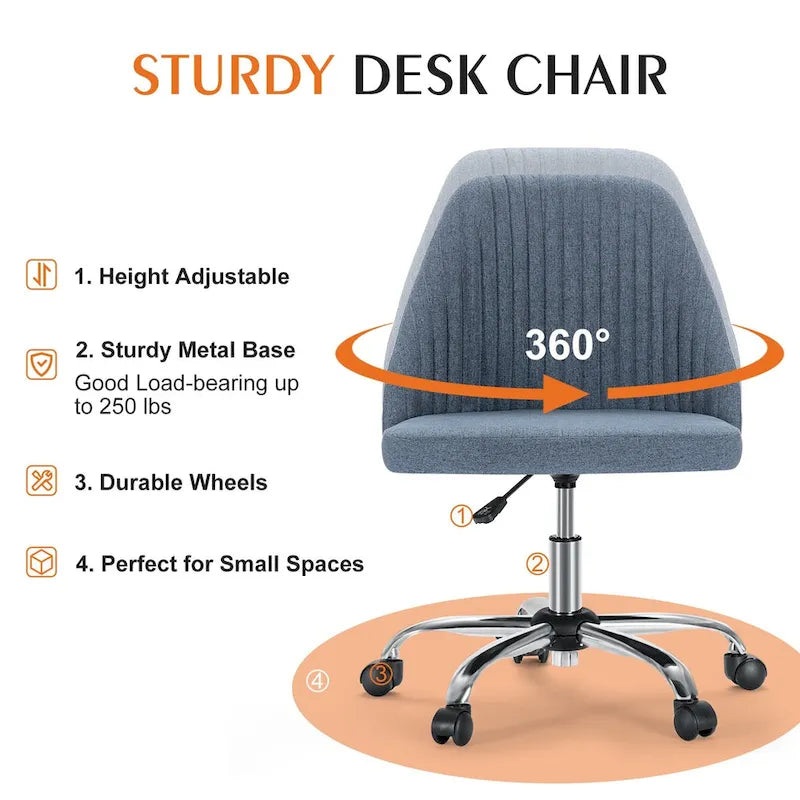 Chaise de bureau sans accoudoirs avec roulettes réglables pivotantes pour petits espaces