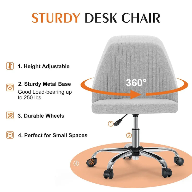 Chaise de bureau sans accoudoirs avec roulettes réglables pivotantes pour petits espaces