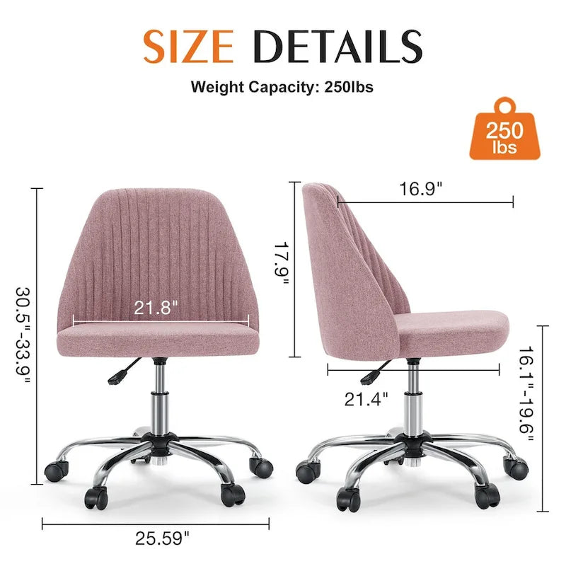 Chaise de bureau sans accoudoirs avec roulettes réglables pivotantes pour petits espaces