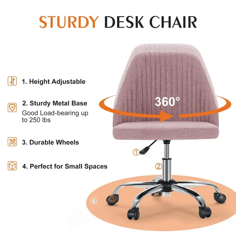 Chaise de bureau sans accoudoirs avec roulettes réglables pivotantes pour petits espaces