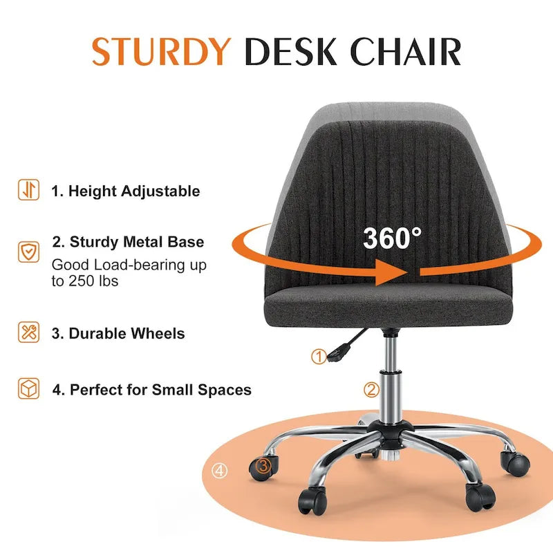 Chaise de bureau sans accoudoirs avec roulettes réglables pivotantes pour petits espaces