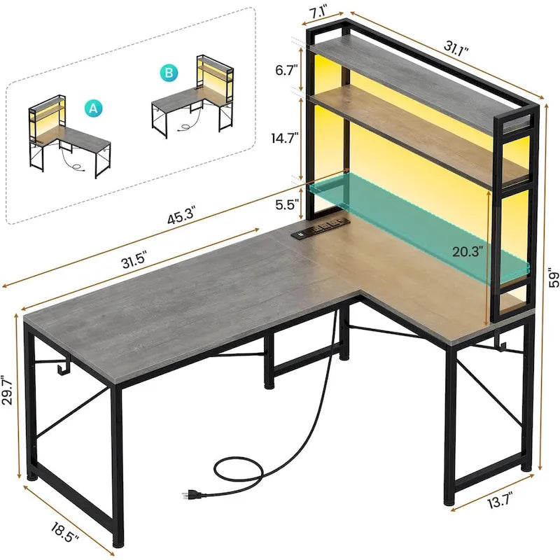 Bureau de jeu en L réversible de 45,3 po, petit bureau d'angle