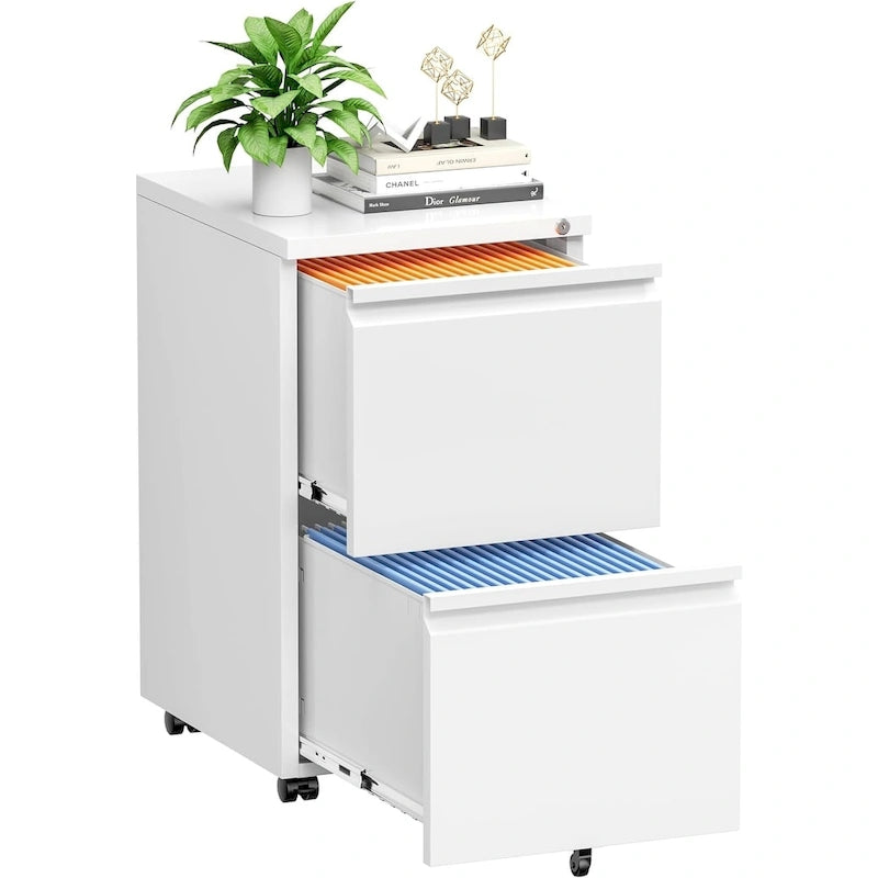 Meuble de classement mobile de bureau en métal à 2 tiroirs avec serrure, armoire de rangement roulante pour bureau à domicile