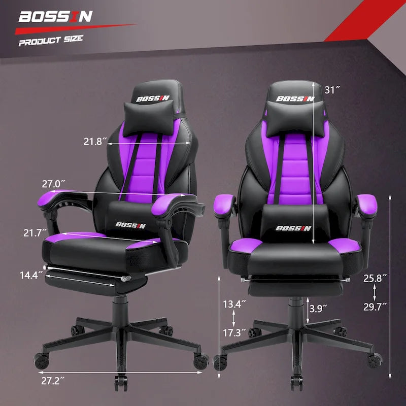 Chaise de jeu style course BOSSIN, fauteuil gamer grande taille 136 kg, chaise de bureau à dossier haut