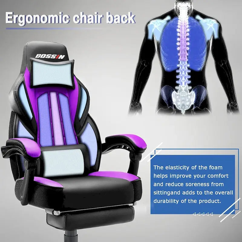 Chaise de jeu style course BOSSIN, fauteuil gamer grande taille 136 kg, chaise de bureau à dossier haut