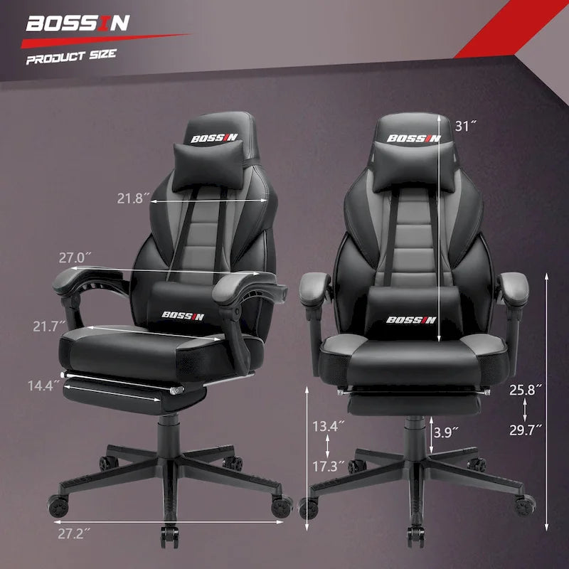 Chaise de jeu style course BOSSIN, fauteuil gamer grande taille 136 kg, chaise de bureau à dossier haut