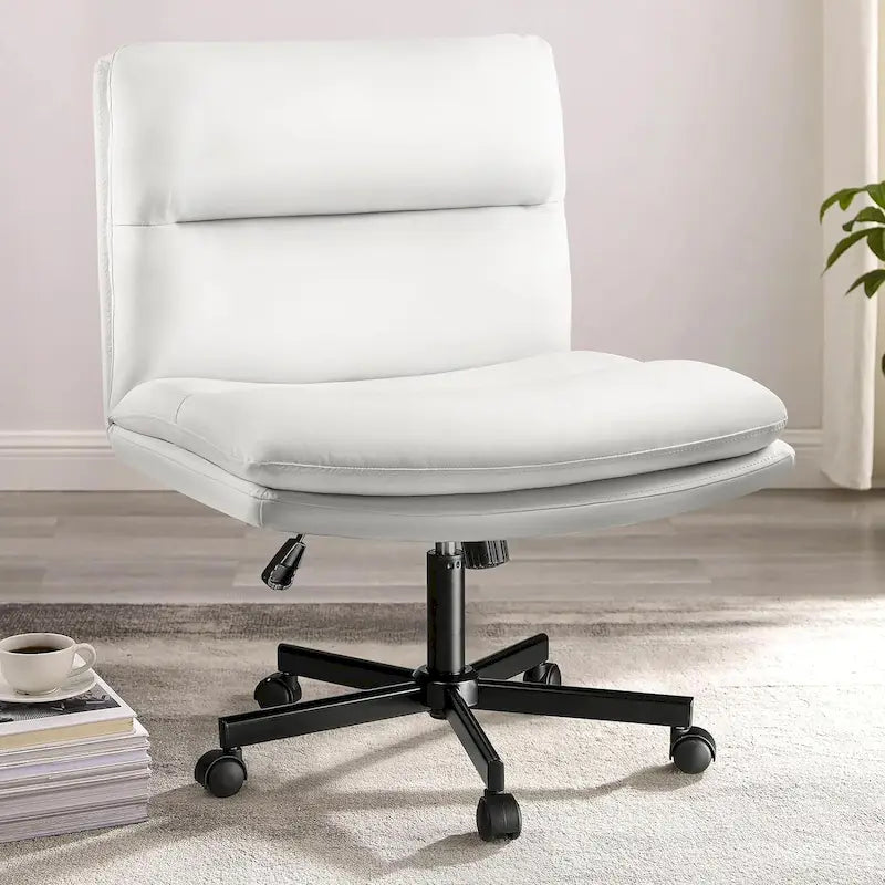 Chaise Bossin Criss Cross avec roulettes, chaise de bureau sans accoudoirs en cuir PU avec pieds croisés, chaise de bureau/coiffeuse réglable à assise large