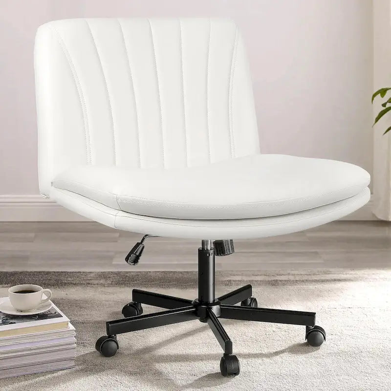 Chaise Bossin Criss Cross avec roulettes, chaise de bureau sans accoudoirs en cuir PU avec pieds croisés, chaise de bureau/coiffeuse réglable à assise large