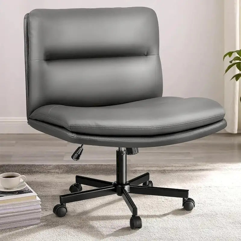 Chaise Bossin Criss Cross avec roulettes, chaise de bureau sans accoudoirs en cuir PU avec pieds croisés, chaise de bureau/coiffeuse réglable à assise large