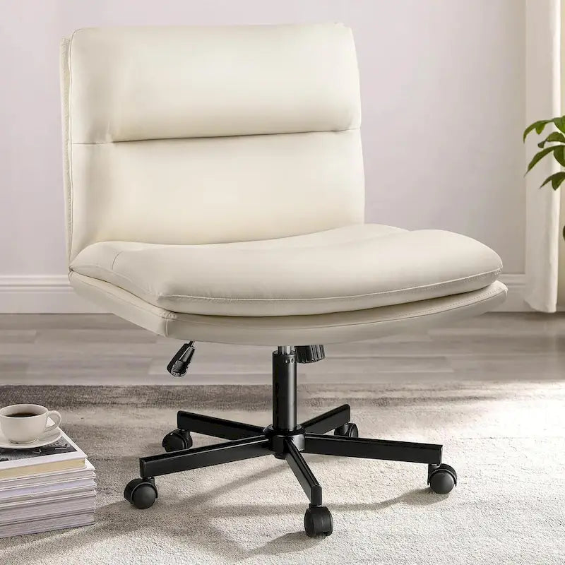 Chaise Bossin Criss Cross avec roulettes, chaise de bureau sans accoudoirs en cuir PU avec pieds croisés, chaise de bureau/coiffeuse réglable à assise large