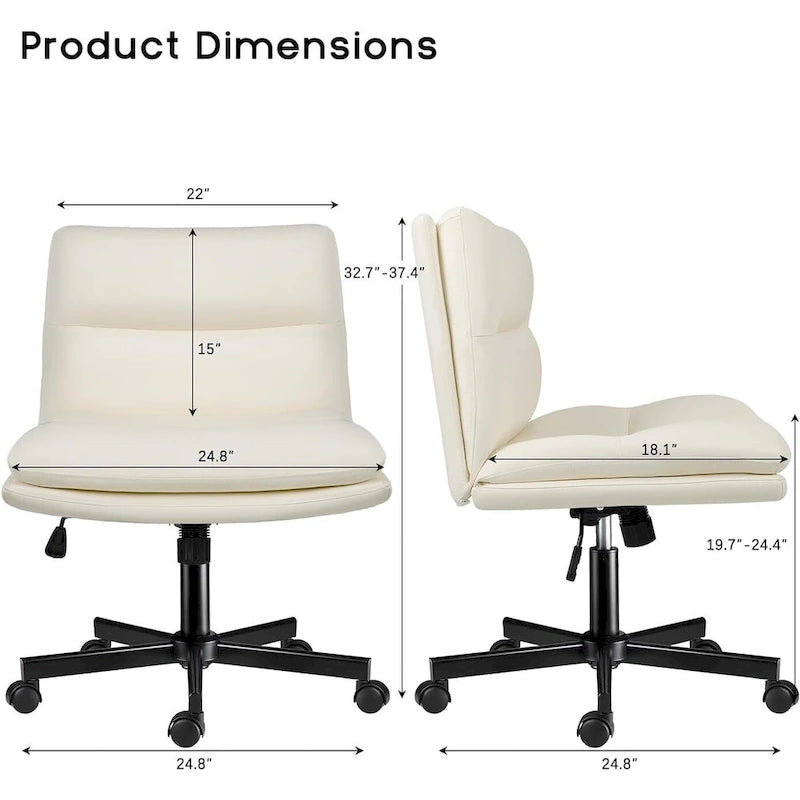 Chaise Bossin Criss Cross avec roulettes, chaise de bureau sans accoudoirs en cuir PU avec pieds croisés, chaise de bureau/coiffeuse réglable à assise large