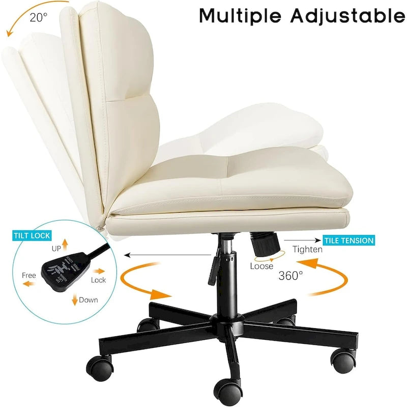 Chaise Bossin Criss Cross avec roulettes, chaise de bureau sans accoudoirs en cuir PU avec pieds croisés, chaise de bureau/coiffeuse réglable à assise large