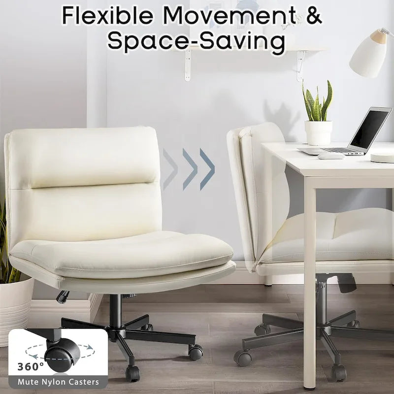 Chaise Bossin Criss Cross avec roulettes, chaise de bureau sans accoudoirs en cuir PU avec pieds croisés, chaise de bureau/coiffeuse réglable à assise large