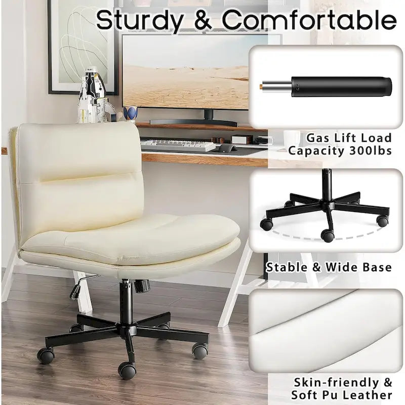 Chaise Bossin Criss Cross avec roulettes, chaise de bureau sans accoudoirs en cuir PU avec pieds croisés, chaise de bureau/coiffeuse réglable à assise large