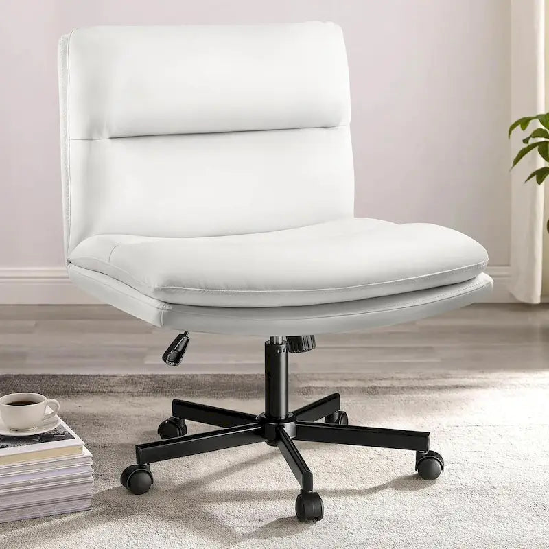Chaise Bossin Criss Cross avec roulettes, chaise de bureau sans accoudoirs en cuir PU avec pieds croisés, chaise de bureau/coiffeuse réglable à assise large