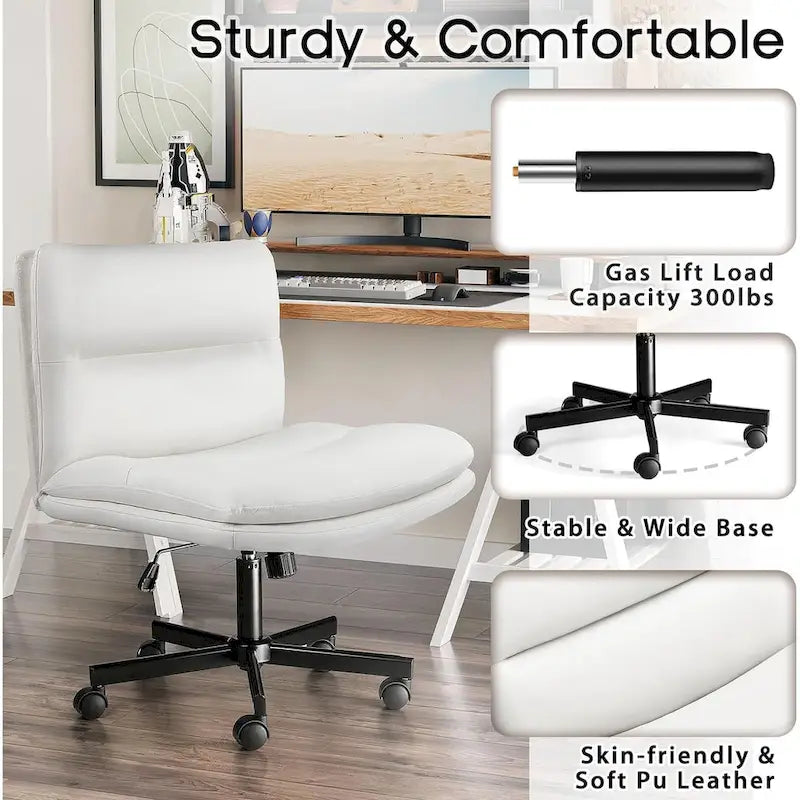 Chaise Bossin Criss Cross avec roulettes, chaise de bureau sans accoudoirs en cuir PU avec pieds croisés, chaise de bureau/coiffeuse réglable à assise large